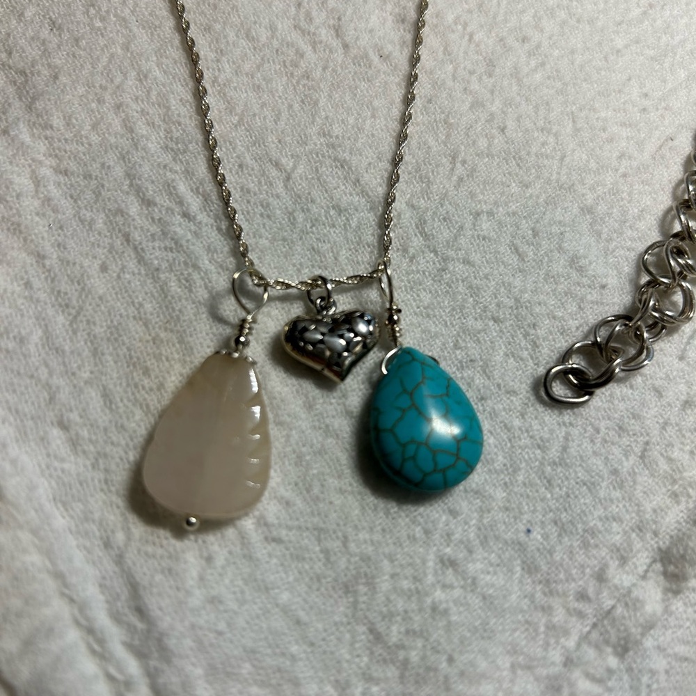 Rose Quartz Silver and Turquoise Pendant Necklace. With adjustable chain